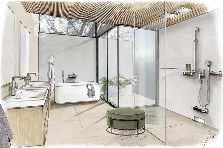 Badplanung von Stephan Pöppelmann, Innenarchitekt. Badewanne, Doppelwaschtisch, Dusche mit Duschsystem und Kopfbrause und grünem Hocker.